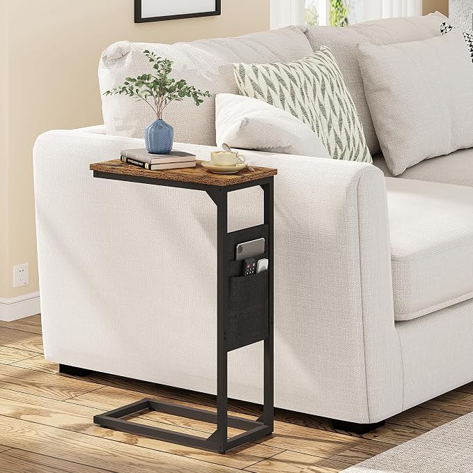 TUTOTAK C Shaped End Table, Side Table for Couch, Sofa Table | with Storage Bag, Set of 2, TV Tray for Living Room, Bedroom, Brown TB01BB0822