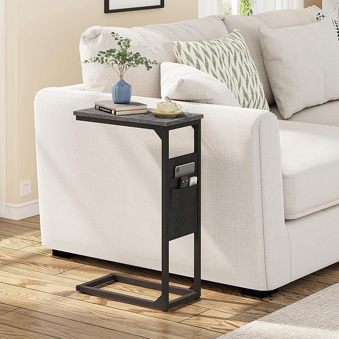 TUTOTAK C Shaped End Table, Side Table for Couch, Sofa Table | with Storage Bag, TV Tray for Living Room, Bedroom, Grey TB01BY082