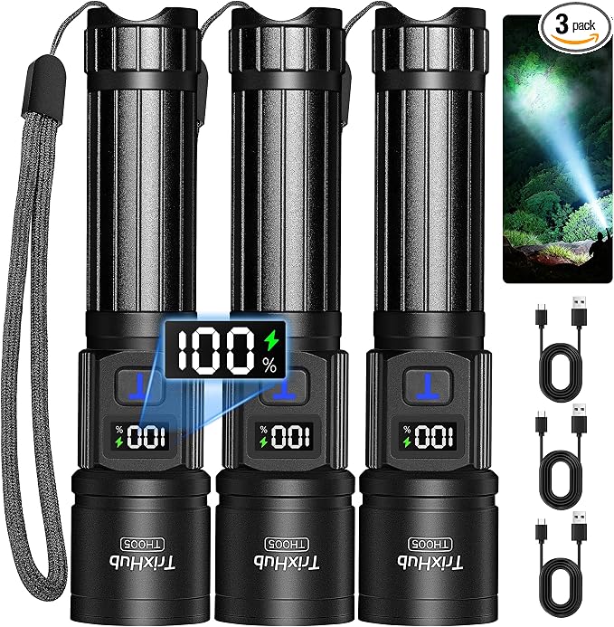 TrixHub Rechargeable Flashlights 3 Pack, Super Bright High Lumens Flash Light, 5 Modes Zoomable Linternas with LCD Digital Display, Powerful Handheld LED Flashlights for Home Emergencies Camping