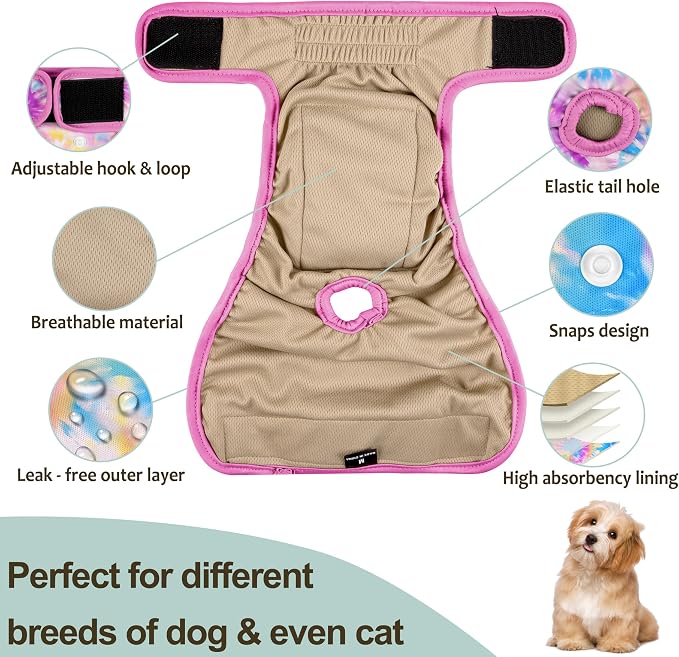 Female Dog Diapers 5Pcs - Premium Reusable Diapers for Doggie in Heat - Highly Absorbent Dog Diapers Female for Pet Incontinence with Adjustable Snaps,Rainbow,S
