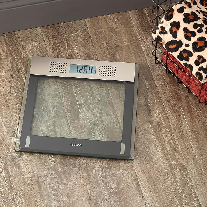 Taylor Talking Bathroom Scale for Seniors, 440 lb Capacity Glass Digital Body Weight Scale with Loud Voice Readout, Gray