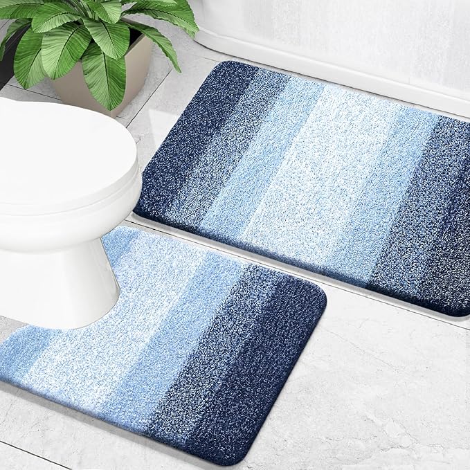 OLANLY Bathroom Rug Set 2 Piece, Soft Absorbent Microfiber Bath Mats and U-Shaped Contour Toilet Rug, Non-Slip, Machine Wash Dry, Plush Shaggy Bath Mats for Bathroom (30"x20"+U24 x20, Navy)