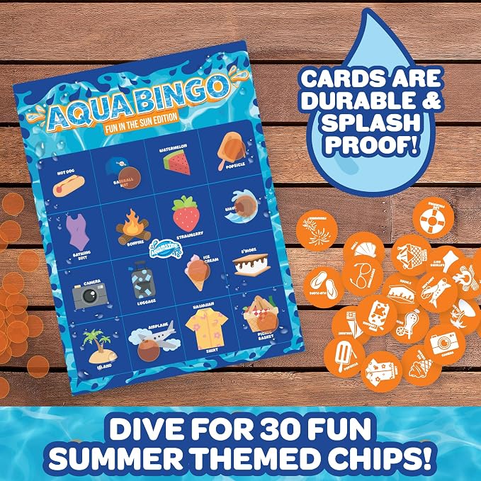 Pool Bingo Diving Game for Kids- Summer Party Fun Edition- Dive for & Call 30 Sinking Tropical Themed "Numbers", Fill Your Card- 150 Marker Chips 16 Double Sided Waterproof Play Cards, Toy Storage Bag