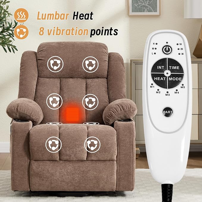 Power Lift Recliner for Elderly,Electric Recliner Chair with Massage & Heating for Adults, USB Charging, Cup Holders, Side Pocket, Living Room Sofa L1288 (Brown)