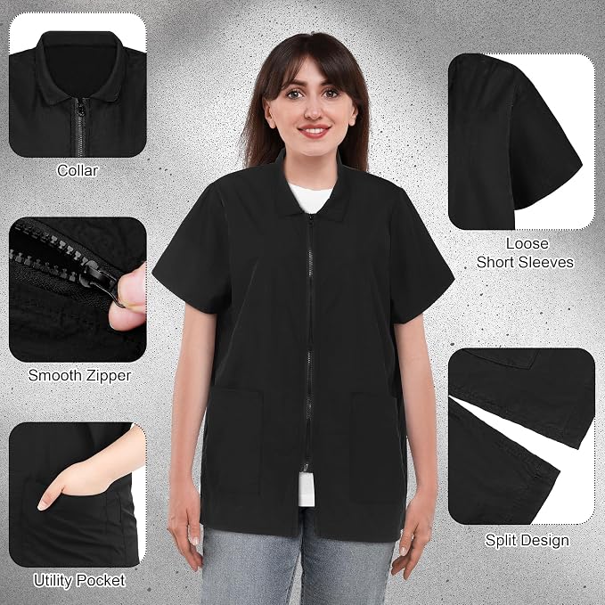 MCEAST 2 Pack Pet Grooming Work Clothes Black Pet Groomer Uniforms with Full Zipper Water Resistant and Anti-Static Pet Smock Clothes Pet Shop Smock Jacket for Women Men Pet Groomer Barber, Large