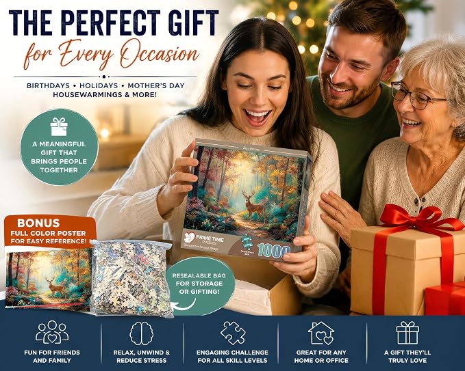 Adult Jigsaw Puzzle 1000 Piece Deer Dreams | Features a majestic whitetail buck in a fall forest scene. Great for game nights on a table, puzzleboard, or floor.