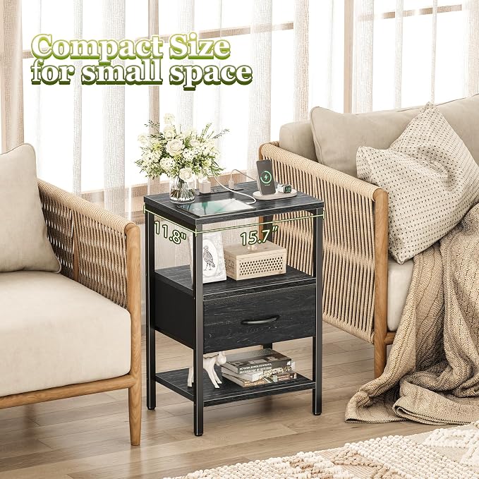 SUPERJARE Nightstand with Charging Station, USB-C Port, Bedside Table | Night Stand for Bedroom, with Adjustable Fabric Drawer, 3-Tier Storage End Table, for Living Room