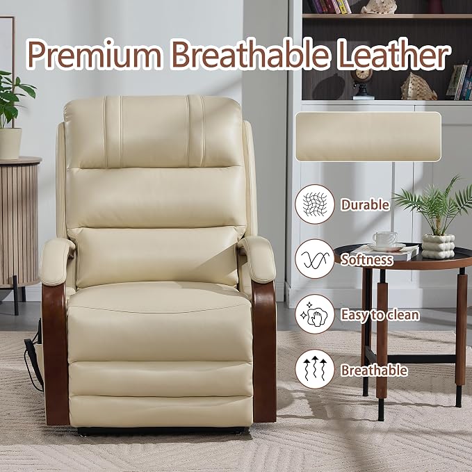 Power Lift Recliner Chair for Elderly, Dual Motor Lift Chair with Vibration Massage and Lumbar Heat, Lay Flat Recliner with Solid Wood Armrest, Standing Assistance Reclining, Faux Leather Beige