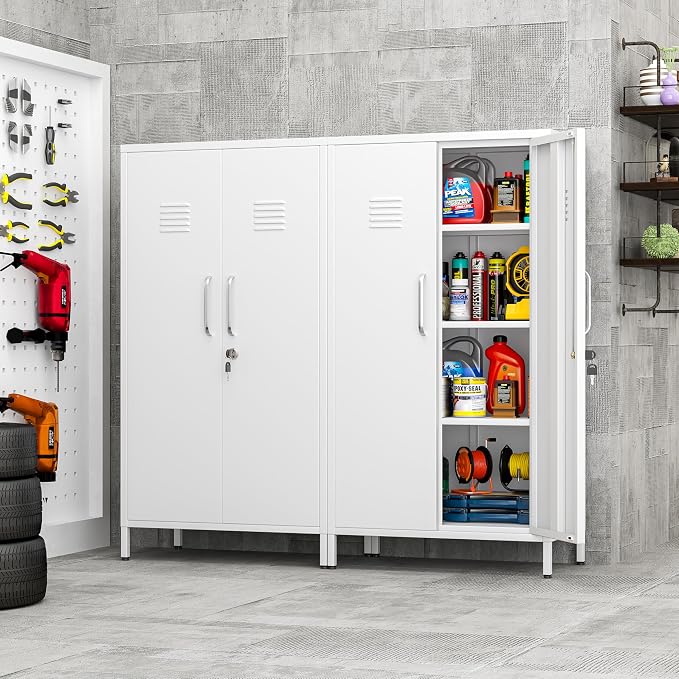 pozdeg 47.24" Metal Storage Locker with Lockable, Employees Metal Steel Locker with 2 Door ＆ 3 Adjustable Shelves, Small Locker Storage Cabinets for Home, School, Office, Gym (White)