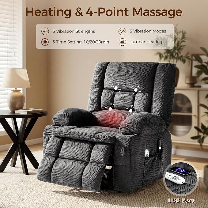 Power Lift Recliner Chair for Elderly, Electric Reclining Lift Chair with Massage and Heating, Comfy Overstuffed Recliner Single Sofa with Cup Holders, Pockets, USB Charge Port for Living Room, Grey