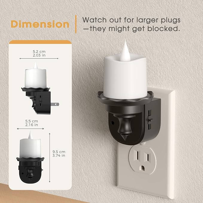 Briignite Candle Night Light, Warm White Night Lights Plug into Wall 2 Pack, LED Flicker Candle Night Light with Light Sensor, 0-100LM Dimmable Nightlight for Kids Hallway Bathroom
