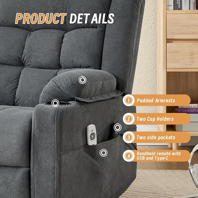 Power Lift Recliner Chair for Elderly Adults with Massage and Heat, Fabric Electric Recliner Sofa with Side Pocket, Two Cup Holders for Living Room L9912 (Dark Grey)