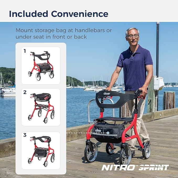 Drive Medical Nitro Sprint Rollator Walker with Seat, Petite Height, Red | Lightweight Rollator with Large Wheels Offers Short, Foldable Design for Seniors and Adults Every Day