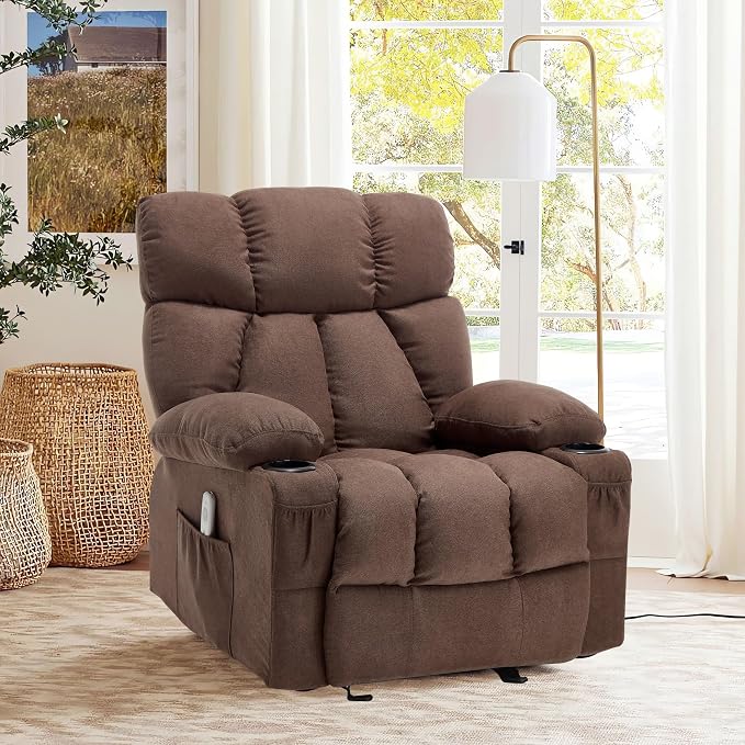 Massage Rocker Recliner Chair with Heat and Vibration Ergonomic Rocking Lounge Chair for Living Room Comfy Overstuffed Recliner with 4 Side Pockets,2 Cup Holders, Brown