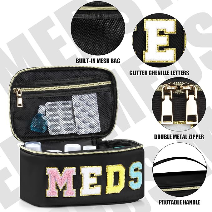 BuyCard Medicines Chenille Letter Bag Nylon Meds Makeup Pouch Preppy Path with Zipper and Handle Cosmetic Toiletry Storage Purse for Women Black