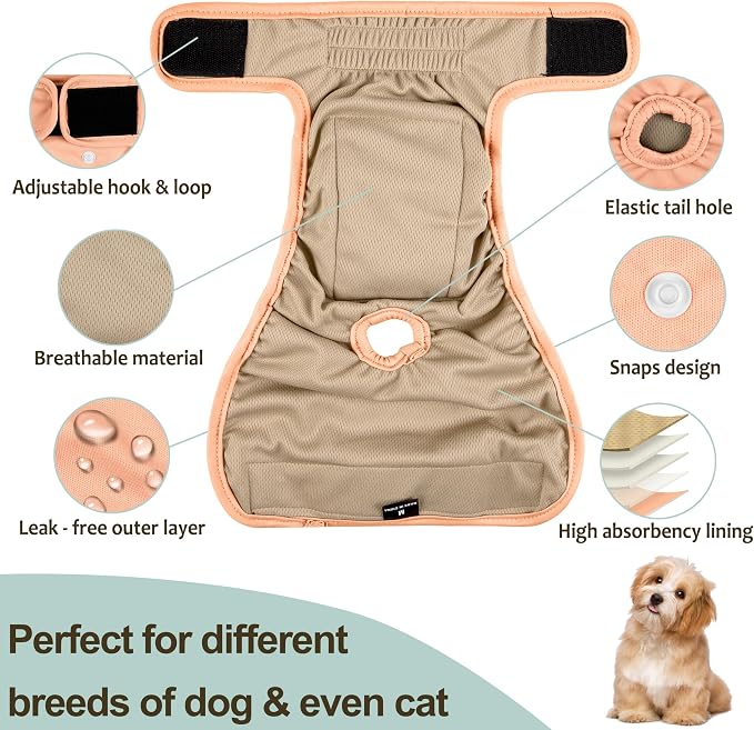 Female Dog Diapers 5Pcs - Premium Reusable Diapers for Doggie in Heat - Highly Absorbent Dog Diapers Female for Pet Incontinence with Adjustable Snaps,S