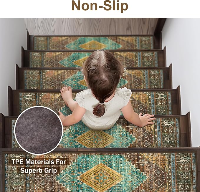 sarben 8"x30" Non Slip Stair Treads for Wooden Steps 15 Pack, Amber Cyan | Peel and Stick Carpet Stair Runner with TPE Adhesive Backing, Carpet for Added Safety, Pet and Senior Friendly