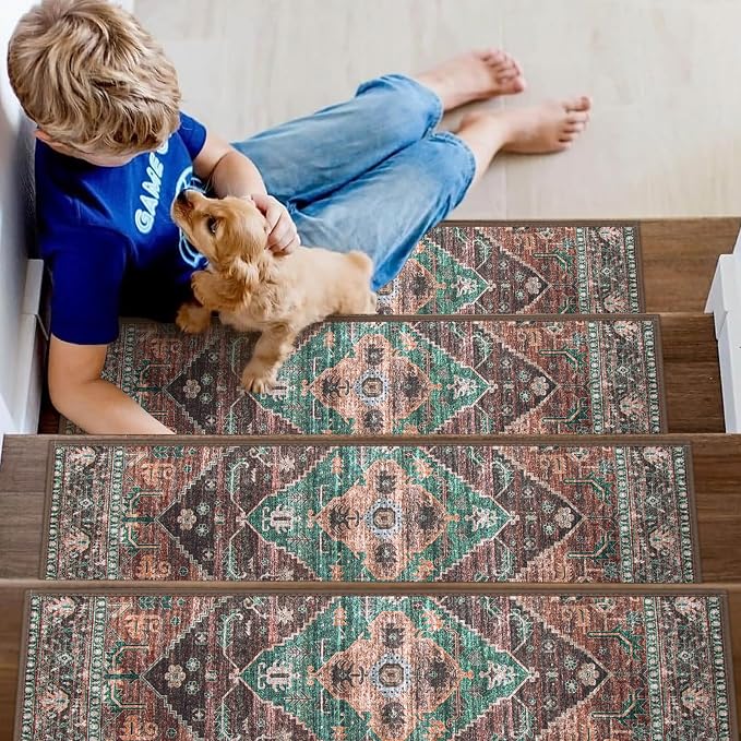 Lahome Non Slip Stair Treads Indoor 15 Pack 8" X 30" Carpet Treads for Wood Stairs, Washable Self Adhesive Stair Runners Soft Surface, Noise Reducing for Kids, Elders and Dogs Dorie, Dull Teal