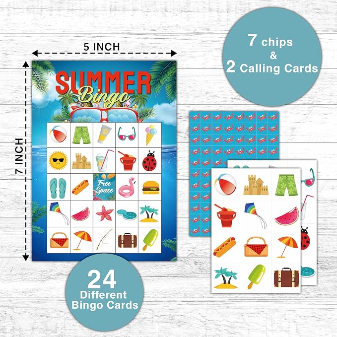 Summer Bingo Games - Hawaiian Luau Bingo Card - 24 Players Beach Bingo Game Set for Adult Family Friends - School Classroom Outdoor Activities - Tropical Summer Party Favors Supplies -C05
