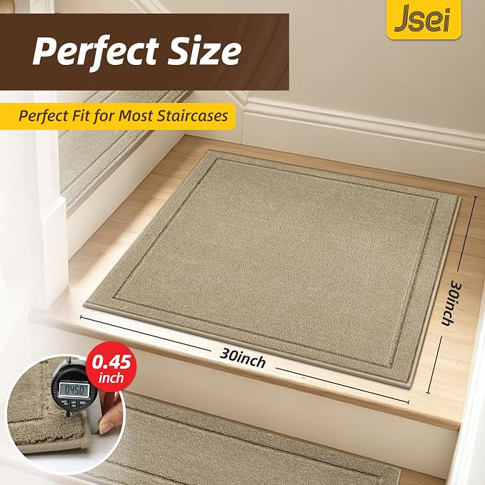 JSEI Non-Slip Stair Landing Rug Mat, 1-Pack 30" X 30", Beige | Edging Stair Treads Corner Indoor Stair Runners for Wooden Steps for Kids and Dogs, 100% Polyester, TPE Backing