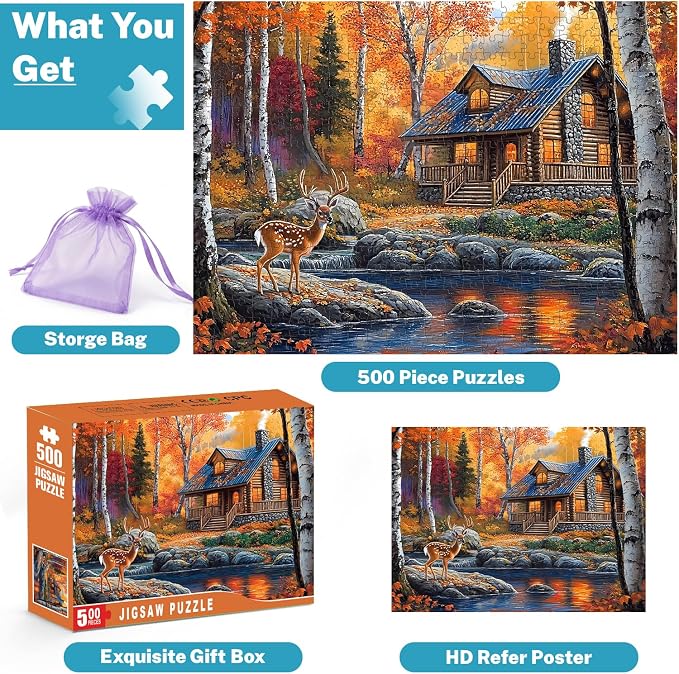 500 Piece Puzzle for Adults, Autumn Fall Landscape Jigsaw Puzzles 500 Pieces, Deer Forest Cabin River Scene, 500 Piece Puzzles for Adults, Cozy Nature Puzzle, Family Game, Home Decor Gift 20.5 x 15 in