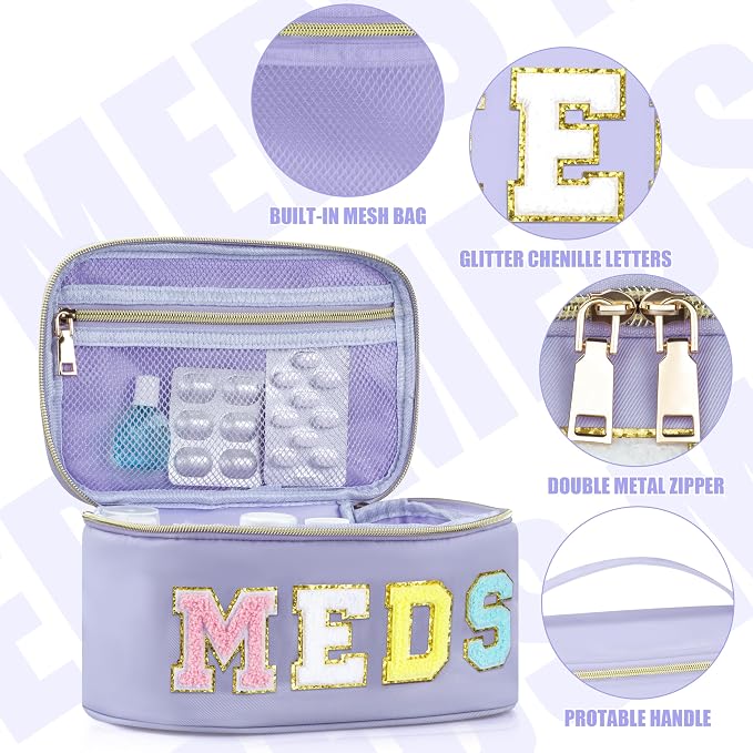 BuyCard Medicines Chenille Letter Bag Nylon Meds Makeup Pouch Preppy Path with Zipper and Handle Cosmetic Toiletry Storage Purse for Women Purple
