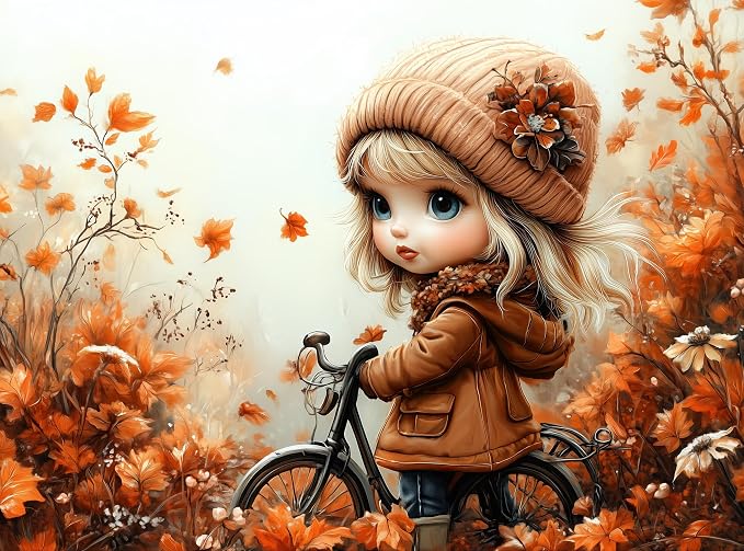 Adult Jigsaw Puzzle 1000 Piece Autumn Scene | Features a girl with a bicycle amid colorful fall leaves. Great for game nights on a table, puzzleboard, or floor.
