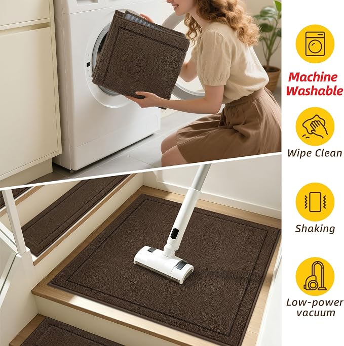 JSEI Non-Slip Stair Landing Rug Mat, 1-Pack 30" X 30", Brown | Edging Stair Treads Corner Indoor Stair Runners for Wooden Steps for Kids and Dogs, 100% Polyester, TPE Backing