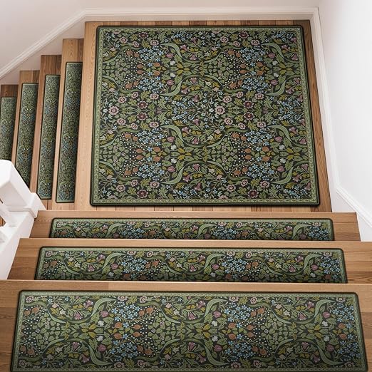 OJIA Stair Treads Landing Mat Non-Slip Stair Runners for Wooden Steps | 31"x31" Floral Carpet Stair Treads Matching Rug Stair Mats Staircase Step Treads for Kids, Elders, Dogs, Stair Covers, Green