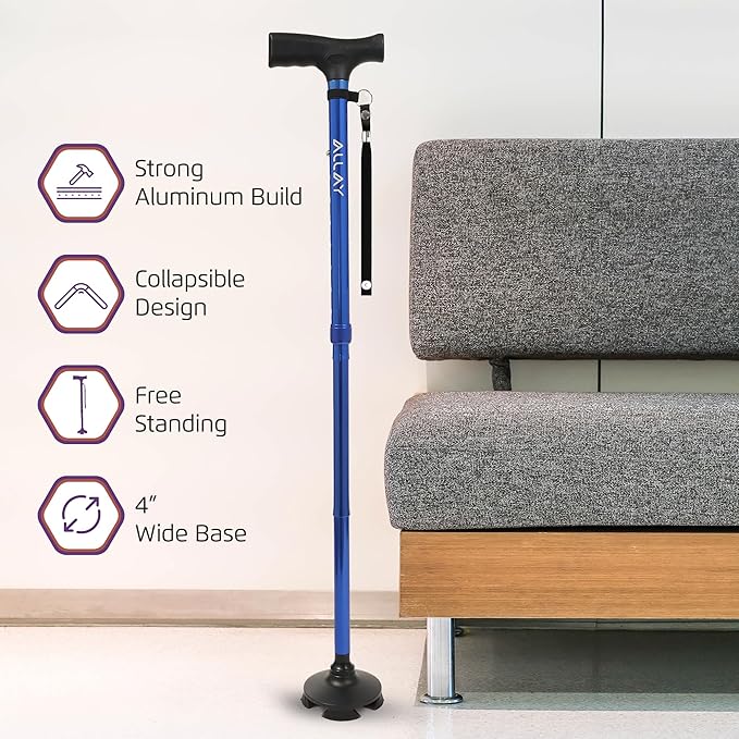 Allay Walking Cane for Men & Women - Foldable, Adjustable, Collapsible Walking Canes for Seniors Balance, Free Standing, Pivot Tip, Heavy Duty, with Travel Bag | Walking Sticks for Seniors & Adults