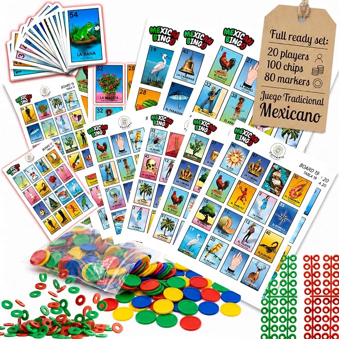 Cuitáxi Mexican Bingo Game with 100 Bingo Chips for 20 Players Made in Mexico - Mexican Gifts de lujo - Juegos de mesa - Spanish Board Games