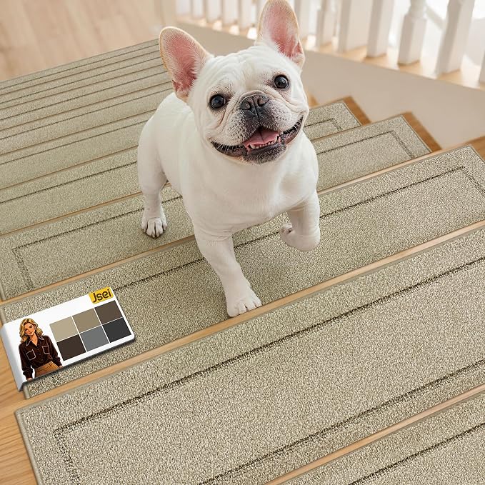 JSEI Stair Treads for Wooden Steps Indoor, 15-Pack, 30" x 8", Light Beige | Non Slip Stair Treads, Washable Polyester Stair Mats with TPE Backing, Low Profile Stair Rugs for Kids, Seniors and Dogs