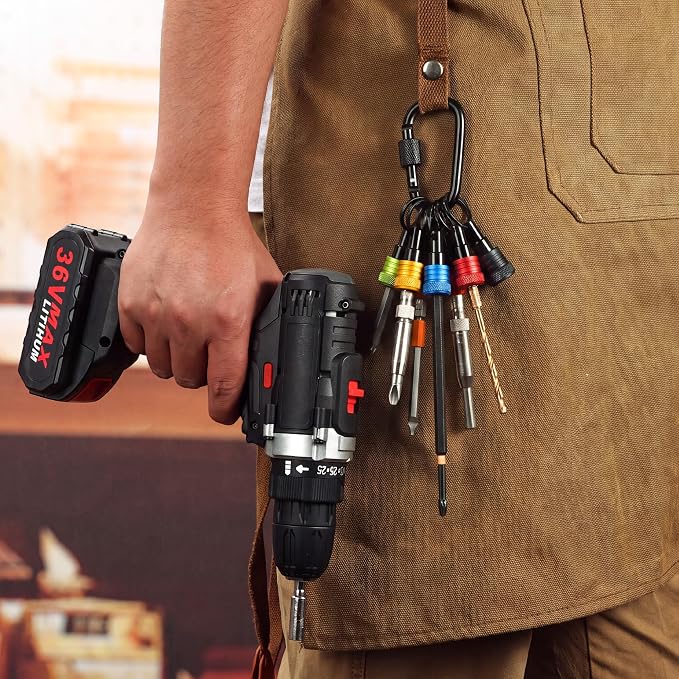Bit Holder Keychain 12 Pcs, 1/4-Inch Hex Shank, Quick Release, Multi | Aluminum Alloy, Impact Drivers, Drill Bits, Tool Belt Use, Carabiner Clip, One-Handed Operation, Ball Lock, Compact Organizer