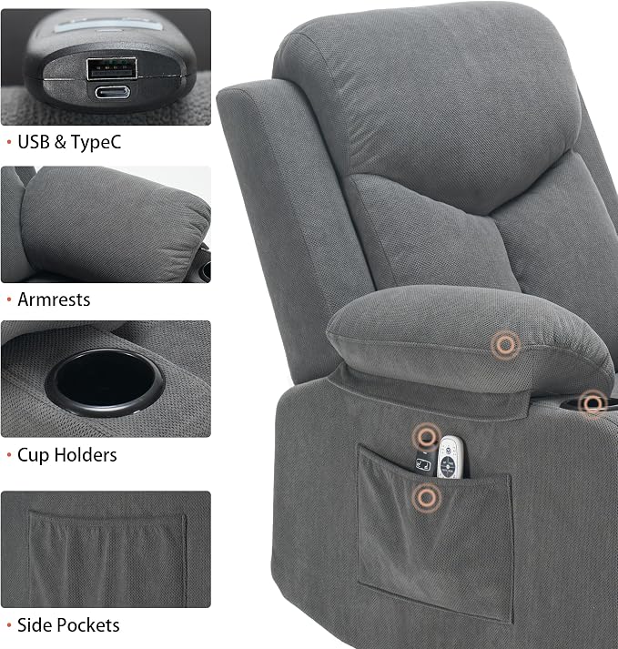Power Lift Recliner Chair for Elderly with Massage, Electric Lift Chair with Remote, Cup Holders,USB & Type-C Ports for Living Room, L9913 (Dark Grey)