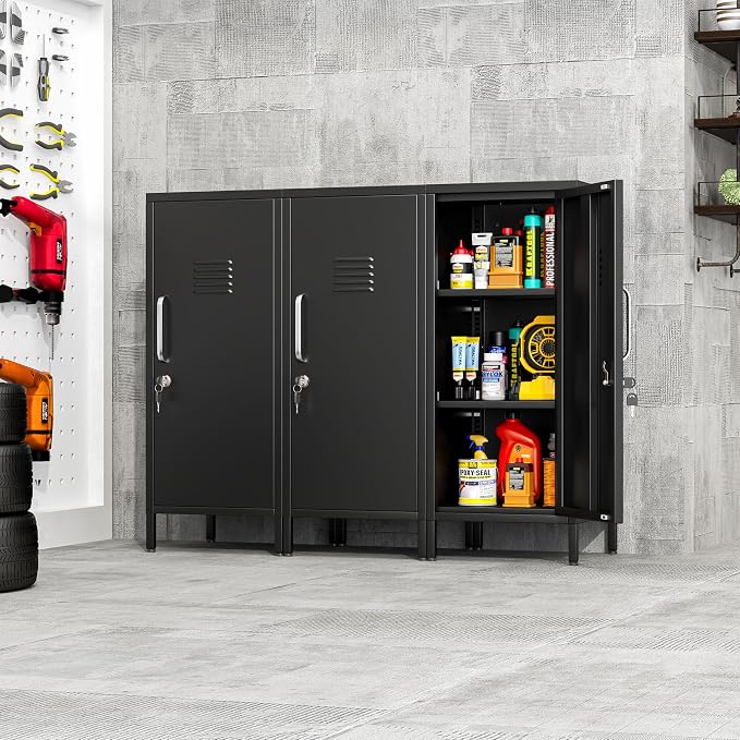 pozdeg 35.43" Metal Storage Locker with Lockable, Metal Steel Locker for Employees with 1 Door ＆ 2 Adjustable Shelves, Small Locker Storage Cabinets for Home, School, Office, Gym (Black)