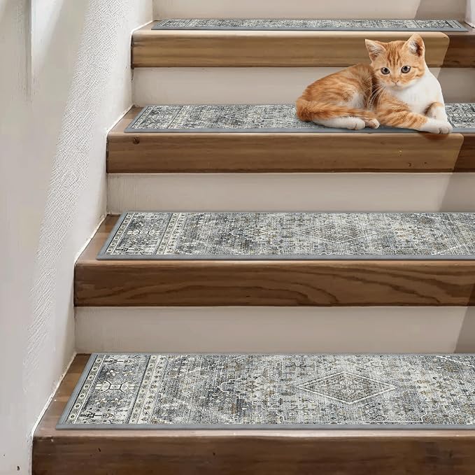 sarben 8"x30" Non Slip Stair Treads for Wooden Steps 15 Pack, Gray Charcoal | Peel and Stick Carpet Stair Runner with TPE Adhesive Backing, Carpet for Added Safety, Pet and Senior Friendly