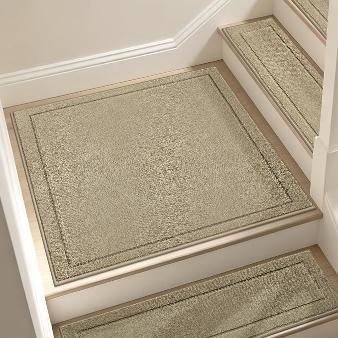 JSEI Non-Slip Stair Landing Rug Mat, 1-Pack 30" X 30", Beige | Edging Stair Treads Corner Indoor Stair Runners for Wooden Steps for Kids and Dogs, 100% Polyester, TPE Backing