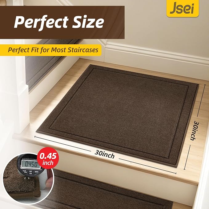 JSEI Non-Slip Stair Landing Rug Mat, 1-Pack 30" X 30", Brown | Edging Stair Treads Corner Indoor Stair Runners for Wooden Steps for Kids and Dogs, 100% Polyester, TPE Backing