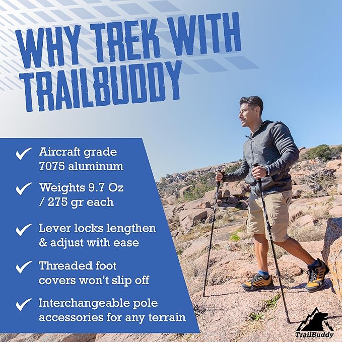 TrailBuddy Trekking Poles – Lightweight 7075 Aluminum Hiking Poles for Women, Men & Seniors – Collapsible or Foldable Walking Sticks for Travel, Trails & Balance
