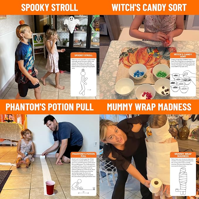 Funwares Minute of Fun Halloween Edition, 100 Challenges, 2-12 Players | Minute to Win It Style Spooky Games like Zombie Munch & Mummy Wrap, Uses Household Items, Halloween Party Hit, Ages 8+