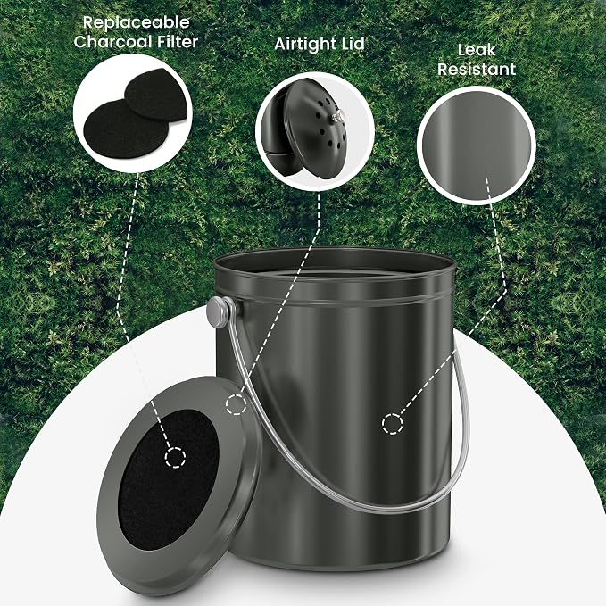 Utopia Kitchen Countertop Compost Bin 1.3 Gallon, Stainless Steel, Grey | Odorless countertop compost bin with charcoal filter, ideal for food scraps and waste