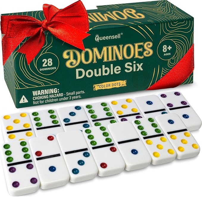Queensell Large Tiles Dominos Set for Adults and Kids with Colored Dots - Double 6 Dominoes Set is a Classic Board Games for Kids and Adults - Double Six Standard Dominos Set 28 Tiles