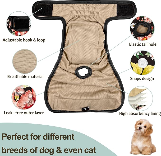 Dog Diapers Female - Reusable Diapers for Doggie in Heat - Highly Absorbent Female Dog Diapers for Pet Incontinence(Pack of 5), Flowers,XXL