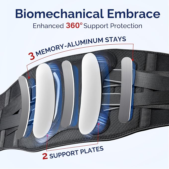 FEATOL Lower Back Brace with 5 Reinforced Stays for Women and Men, Adjustable Snug-Fit Lumbar Support Belt for Work, Size L, Waist 34.3-39.4 in, Grey