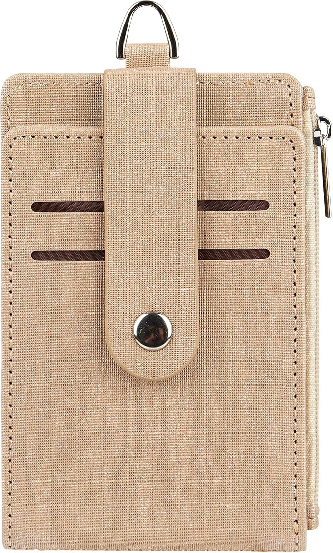 Women & Men Keychain Card Holder Case Zipper Slim Minimalist Front Pocket Wallet with 2 ID Window, Champagne Gold