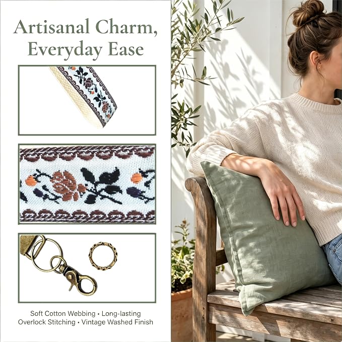 Boho Vintage Embroidered Floral plant Wristlet Keychain for Women | Cute Lanyard&Antique Brass Clasp, Lightweight Hands-Free Key Holder for keys,purses,handbags and daily outdoor use for ladies