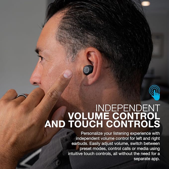 JLab Hear OTC Hearing Aid & Earbuds, Graphite, Traditional Earbud Fit, Four Preset Hearing Modes, in-Ear Detection and Built-in Feedback Suppression, Independent Volume Control and Touch Controls