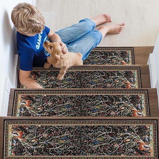 Tree of Life Stair Treads 15 Pack Non Slip Washable Runner | 15PCS Tree of Life Runners Non Slip Washable, Peacocks Deer Rug Carpet 8x30 Inch, Stairs Silicone Backing