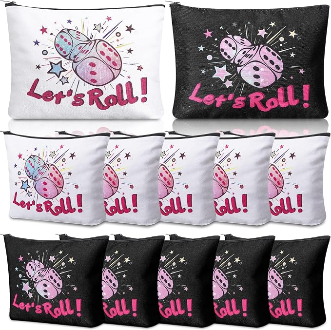 12 Pcs Bunco Gifts for Women Bunco Makeup Bags Let's Roll Dice Game Makeup Bags Casino Lover Gifts Travel Zipper Pouch Dice Game Present Birthday Present for Women Players
