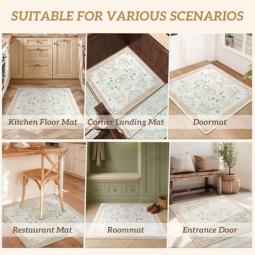 RORA Stair Treads Landing Mat, 30x30 Stair Landing Rug for Indoor | Non-Slip, Washable, For Wooden Steps, Floral Design, Stair Rugs Mat for Pets, Beige
